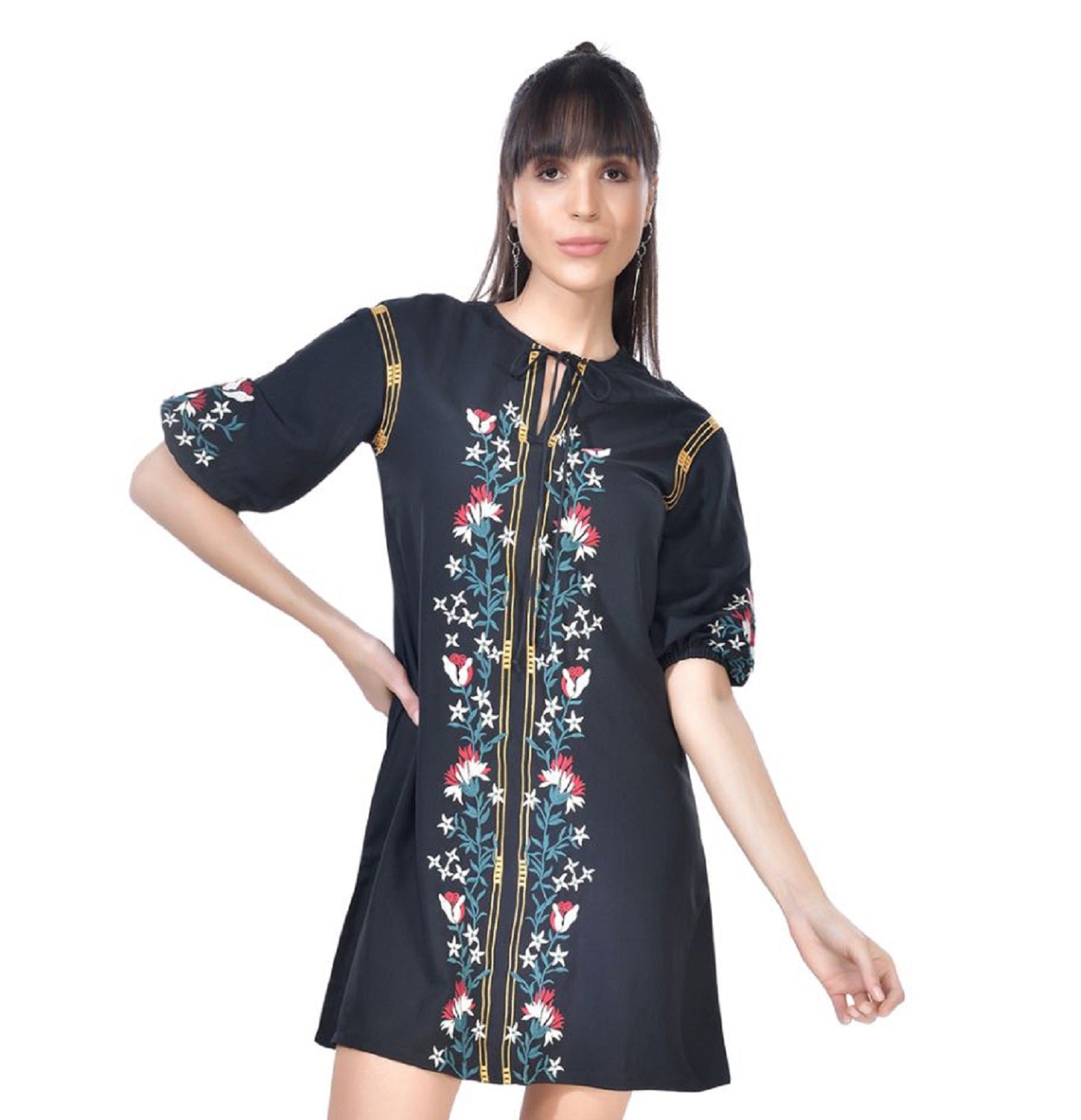 Beatnik Embroidered Casual Wear 3/4th Sleeve A-line Dresses Dresses