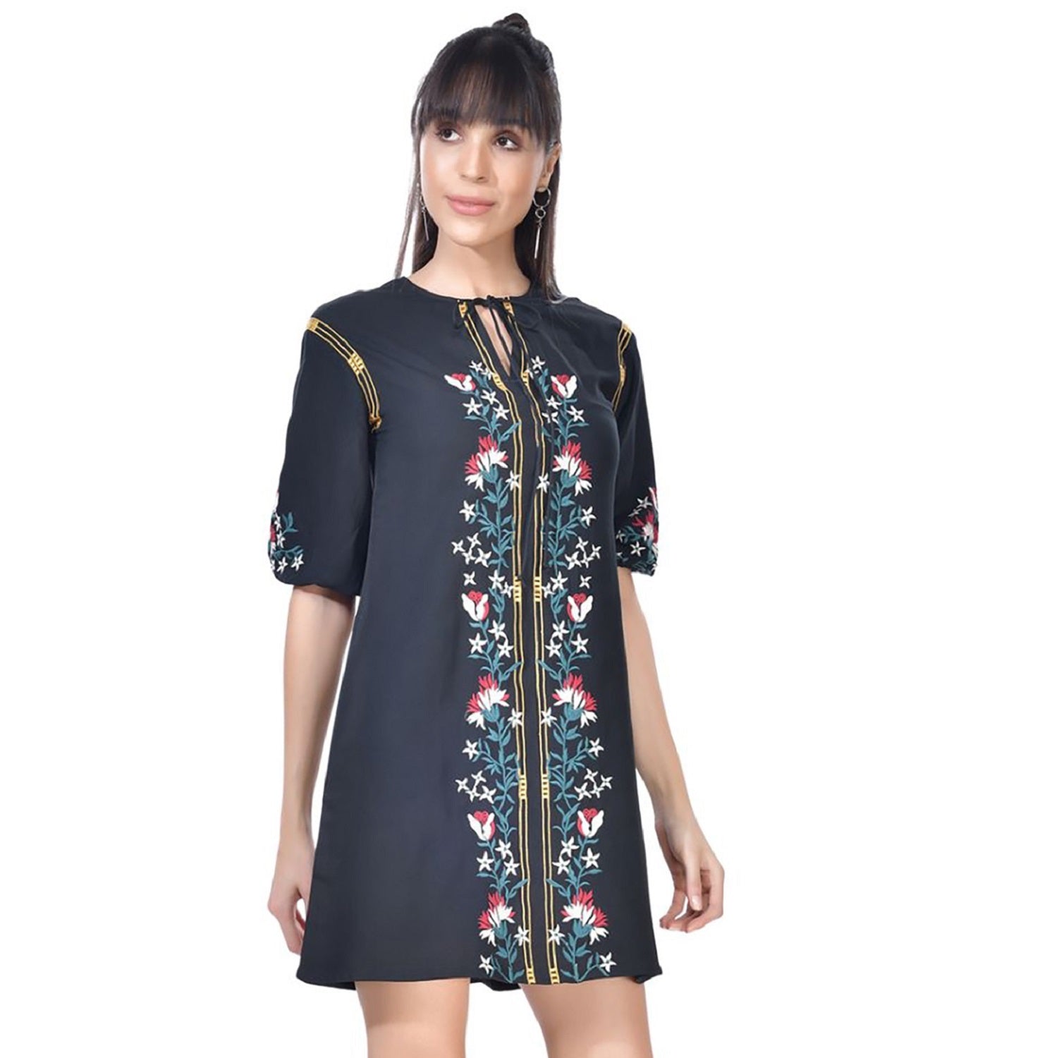 Beatnik Embroidered Casual Wear 3/4th Sleeve A-line Dresses Dresses