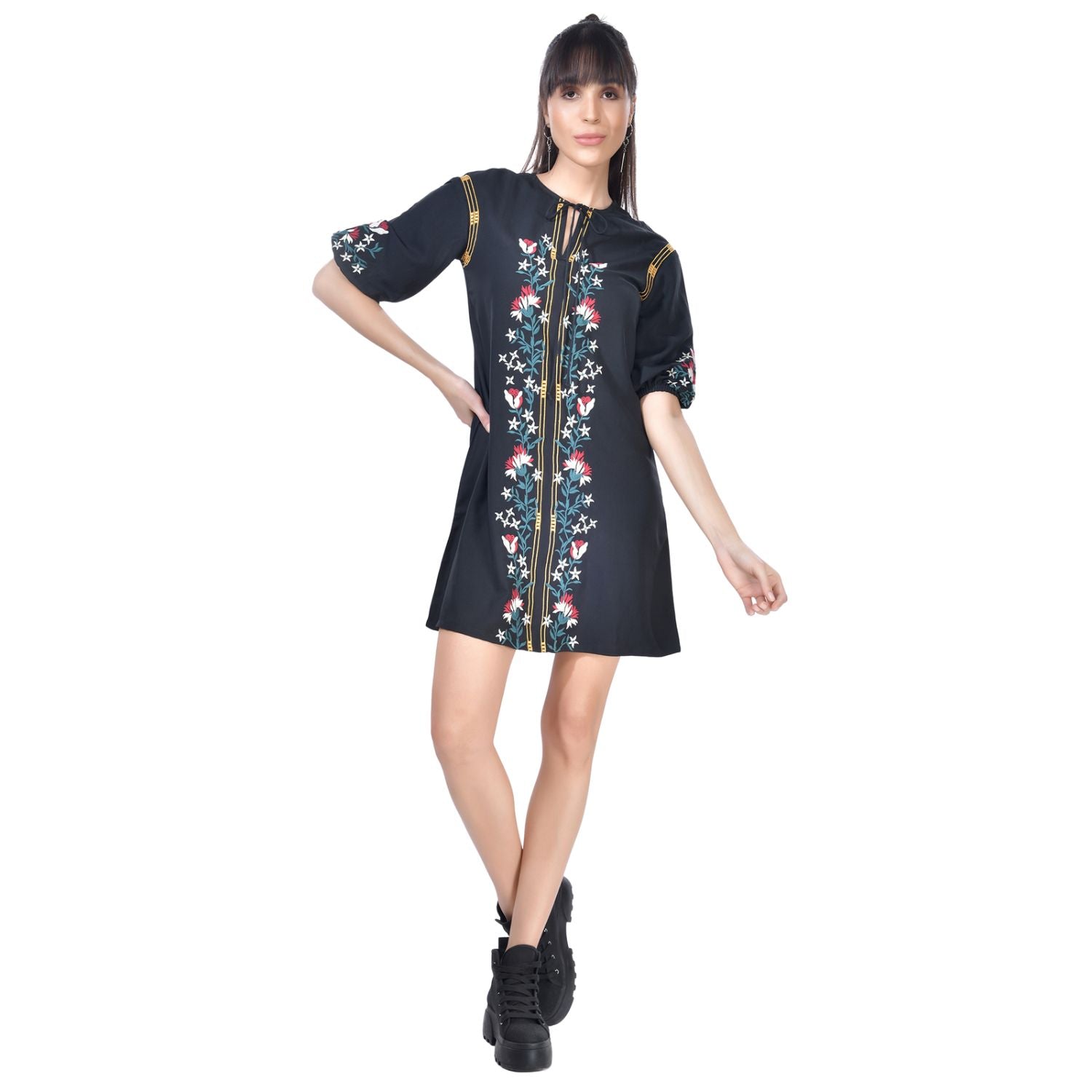 Beatnik Embroidered Casual Wear 3/4th Sleeve A-line Dresses Dresses