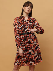 Beatnik Abstract Print Mandarin Collar Dress with Belt