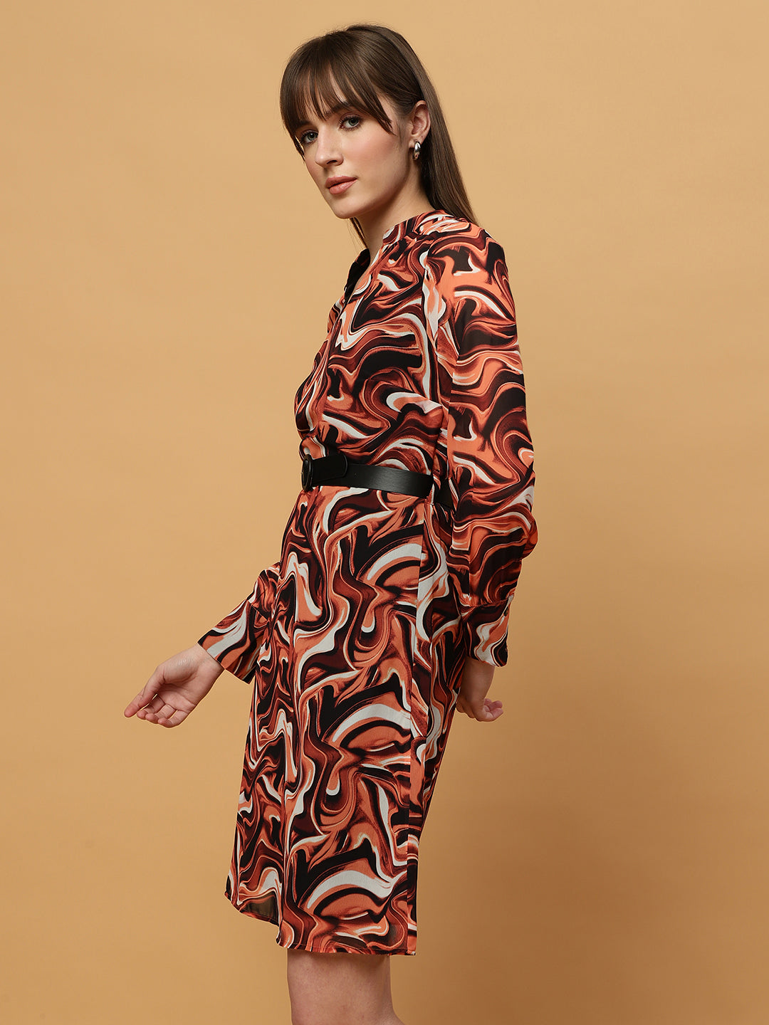 Beatnik Abstract Print Mandarin Collar Dress with Belt