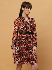 Beatnik Abstract Print Mandarin Collar Dress with Belt