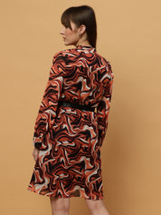 Beatnik Abstract Print Mandarin Collar Dress with Belt