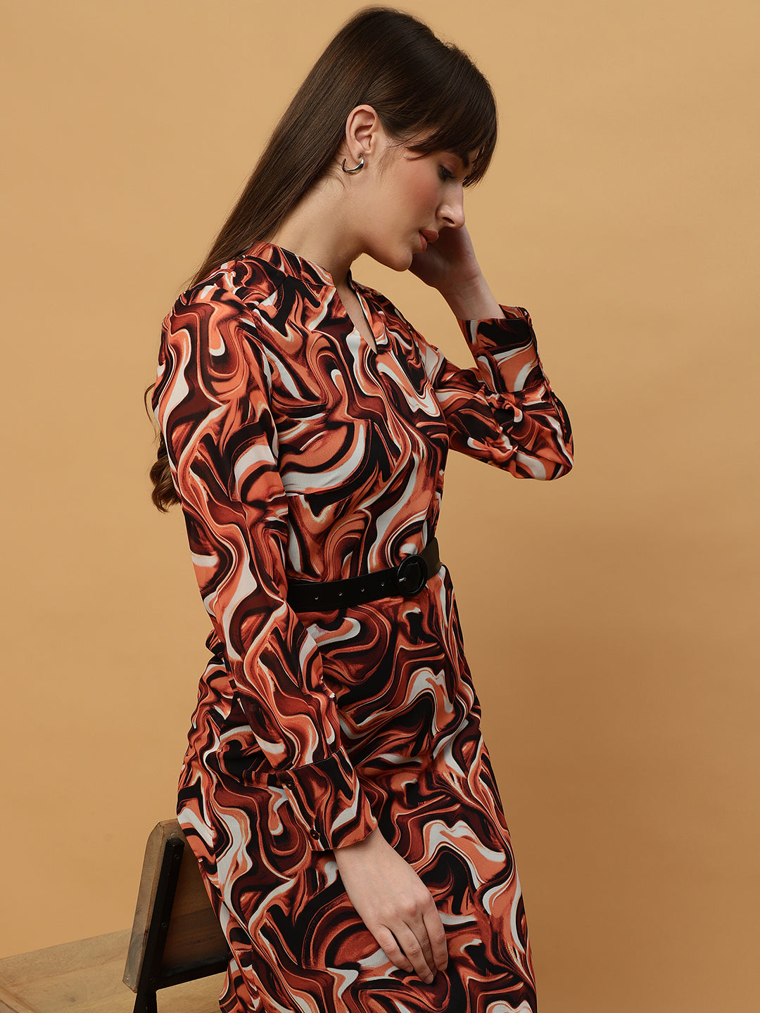 Beatnik Abstract Print Mandarin Collar Dress with Belt