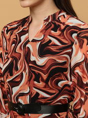 Beatnik Abstract Print Mandarin Collar Dress with Belt