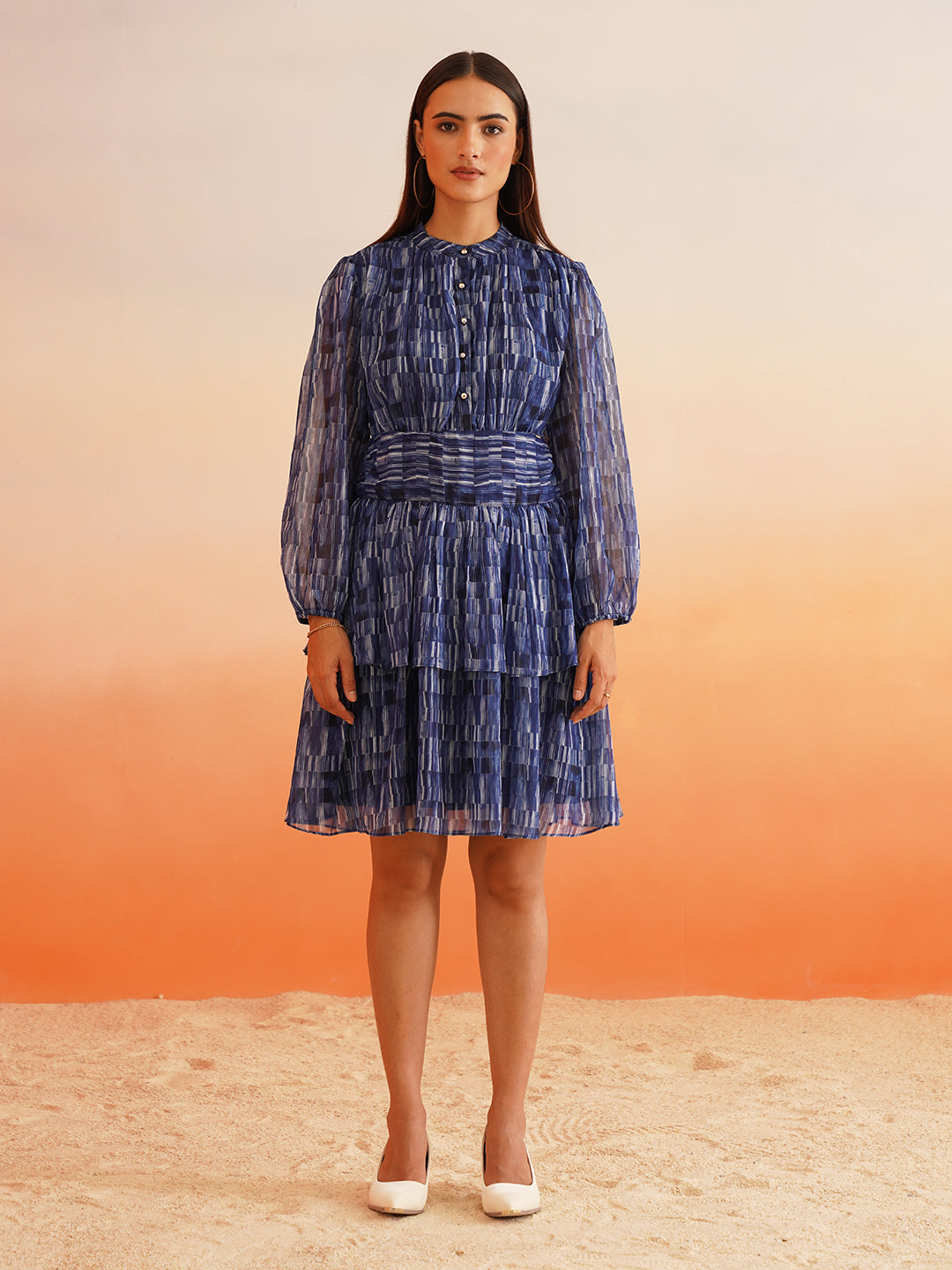 Rhythmic Ruffles Groove into Chic with Abstract Blue Dress