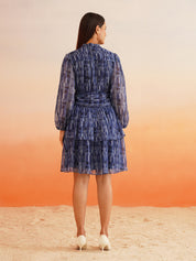 Rhythmic Ruffles Groove into Chic with Abstract Blue Dress