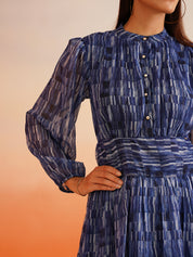 Rhythmic Ruffles Groove into Chic with Abstract Blue Dress