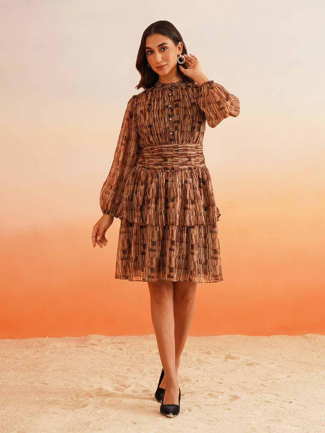 Rhythmic Ruffles Groove into Chic Bishop Sleeves Brown Dress