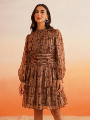 Rhythmic Ruffles Groove into Chic Bishop Sleeves Brown Dress