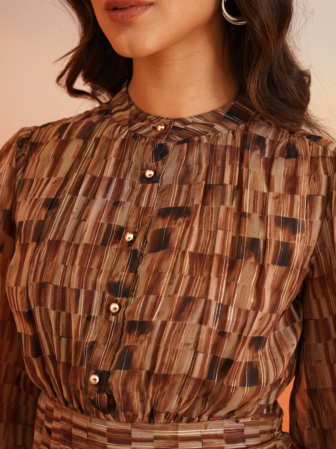 Rhythmic Ruffles Groove into Chic Bishop Sleeves Brown Dress