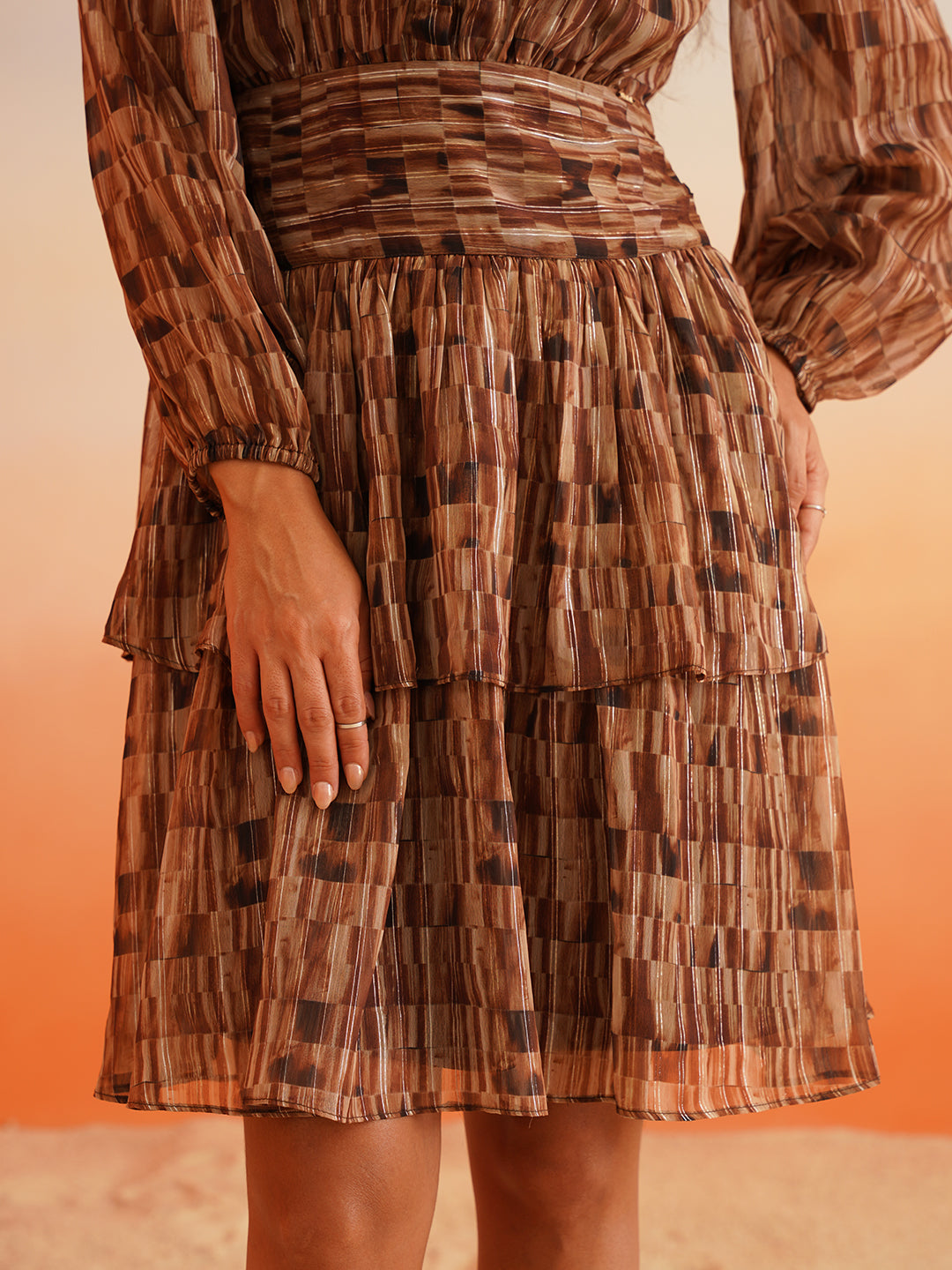 Rhythmic Ruffles Groove into Chic Bishop Sleeves Brown Dress