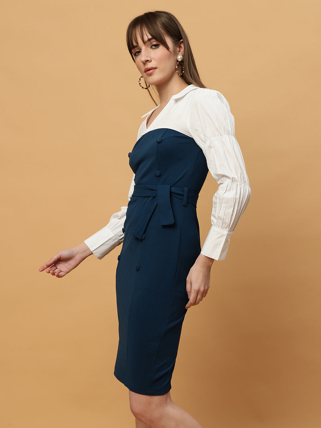 Beatnik White & Blue Bishop Sleeve Office to Outing Dress