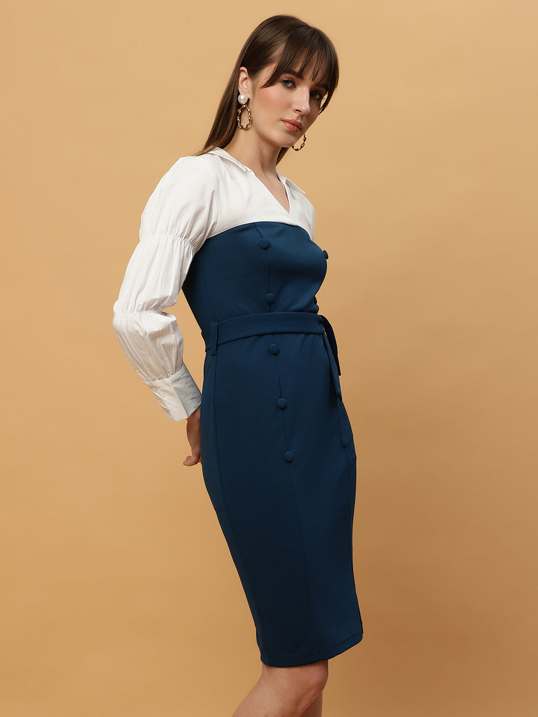 Beatnik White & Blue Bishop Sleeve Office to Outing Dress