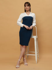 Beatnik White & Blue Bishop Sleeve Office to Outing Dress