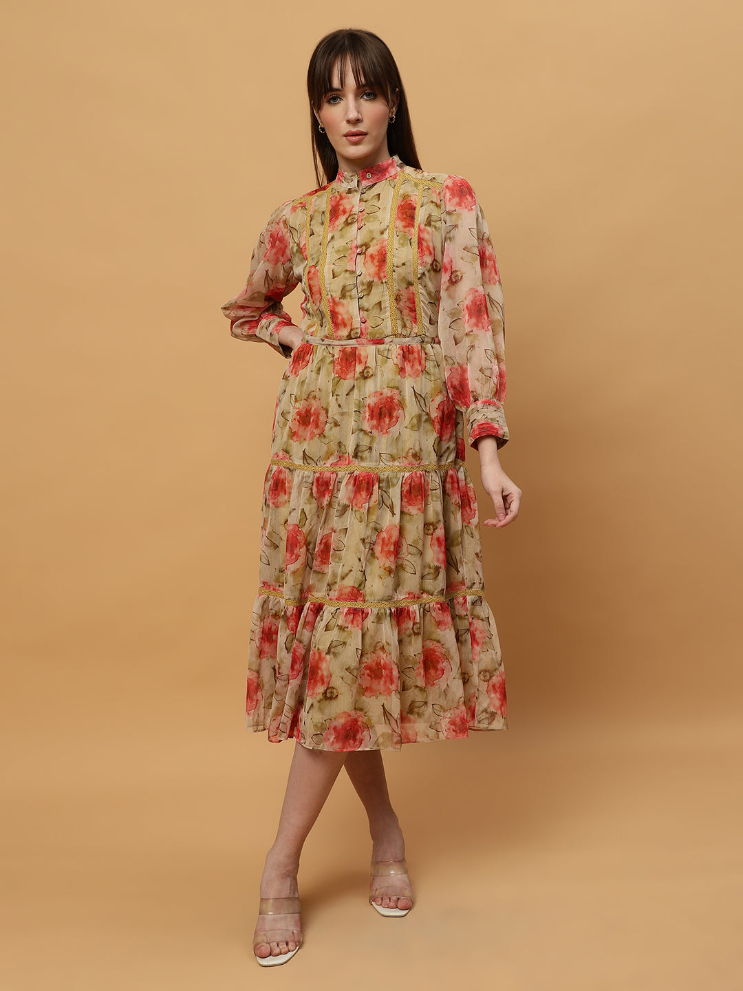 Beatnik Chiffon Floral Printed Bishop Sleeve Dress