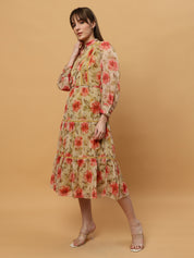 Beatnik Chiffon Floral Printed Bishop Sleeve Dress