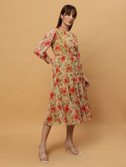 Beatnik Chiffon Floral Printed Bishop Sleeve Dress