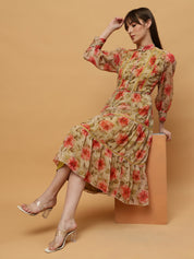 Beatnik Chiffon Floral Printed Bishop Sleeve Dress