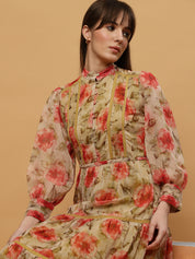 Beatnik Chiffon Floral Printed Bishop Sleeve Dress