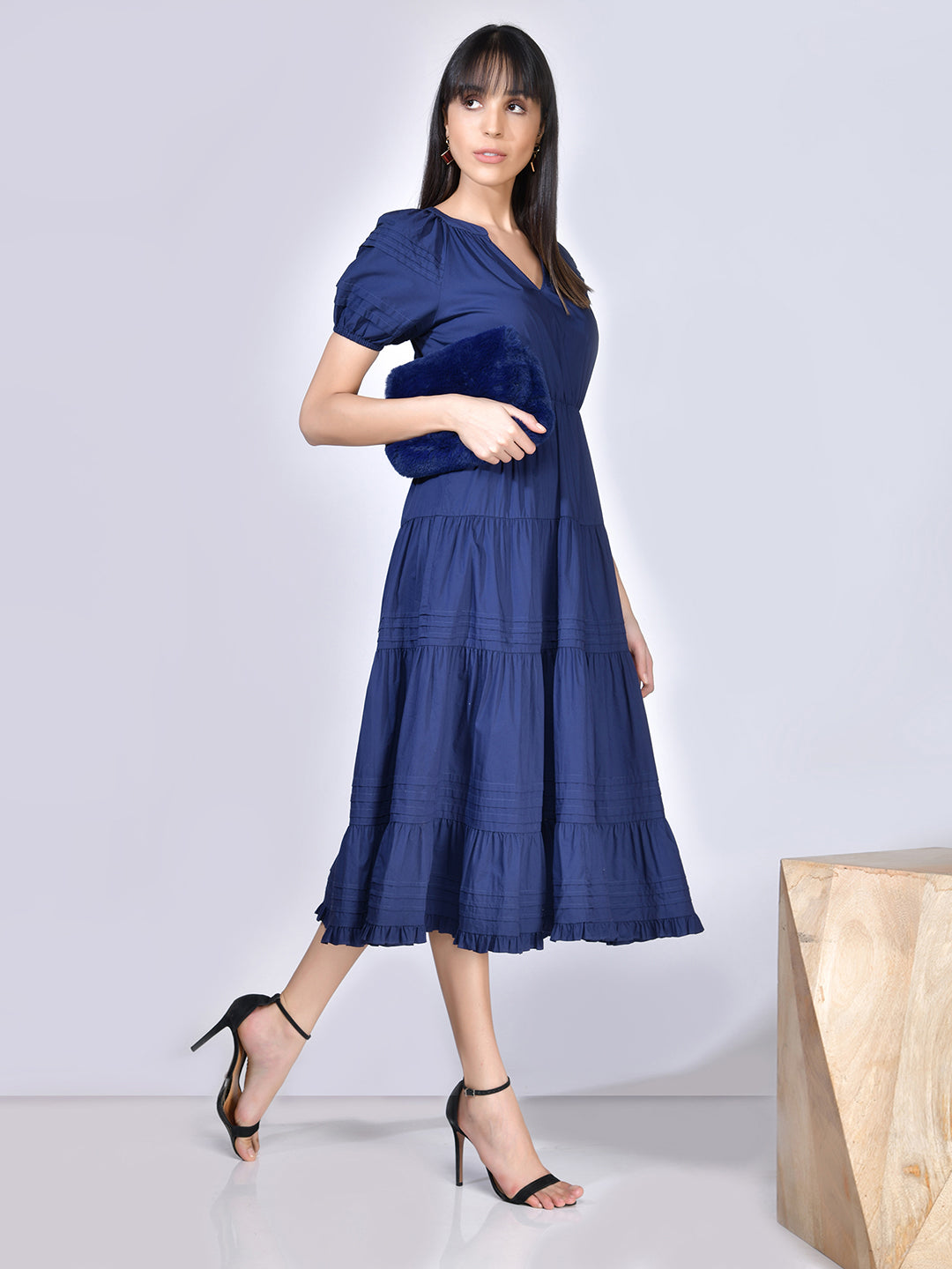 Beatnik Cotton V-neck Blue Womens Dresses