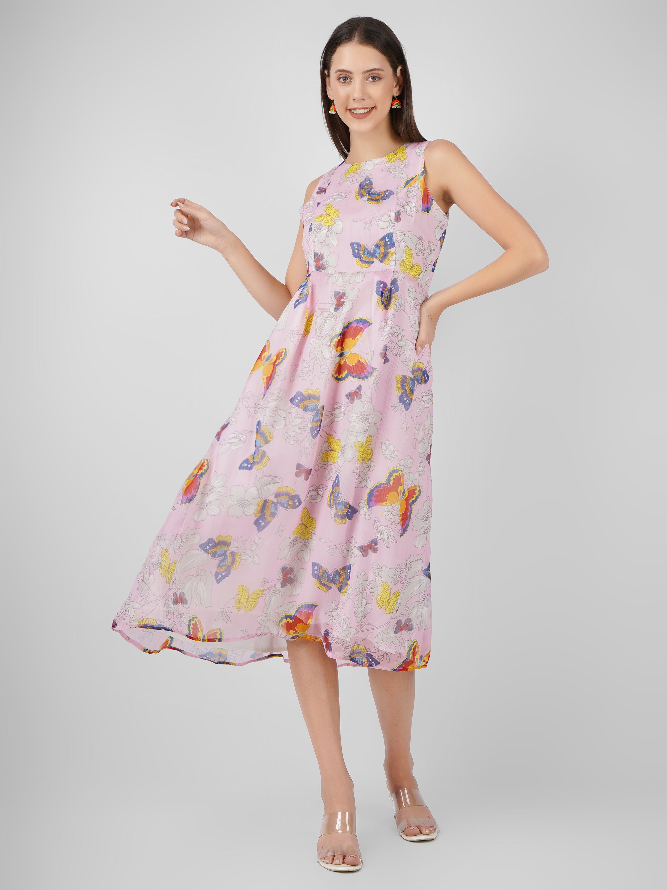 Chic Fit n Flare Chiffon with Figure Print Women Midi Dress