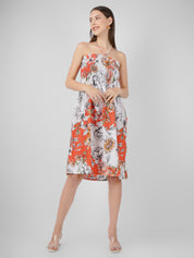 Slim Fit Knee Length Summer Casual Halter Neck Floral Tie Up Orange Dress