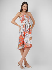 Slim Fit Knee Length Summer Casual Halter Neck Floral Tie Up Orange Dress