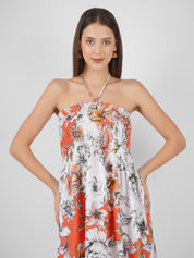 Slim Fit Knee Length Summer Casual Halter Neck Floral Tie Up Orange Dress