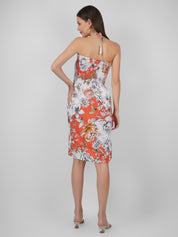 Slim Fit Knee Length Summer Casual Halter Neck Floral Tie Up Orange Dress