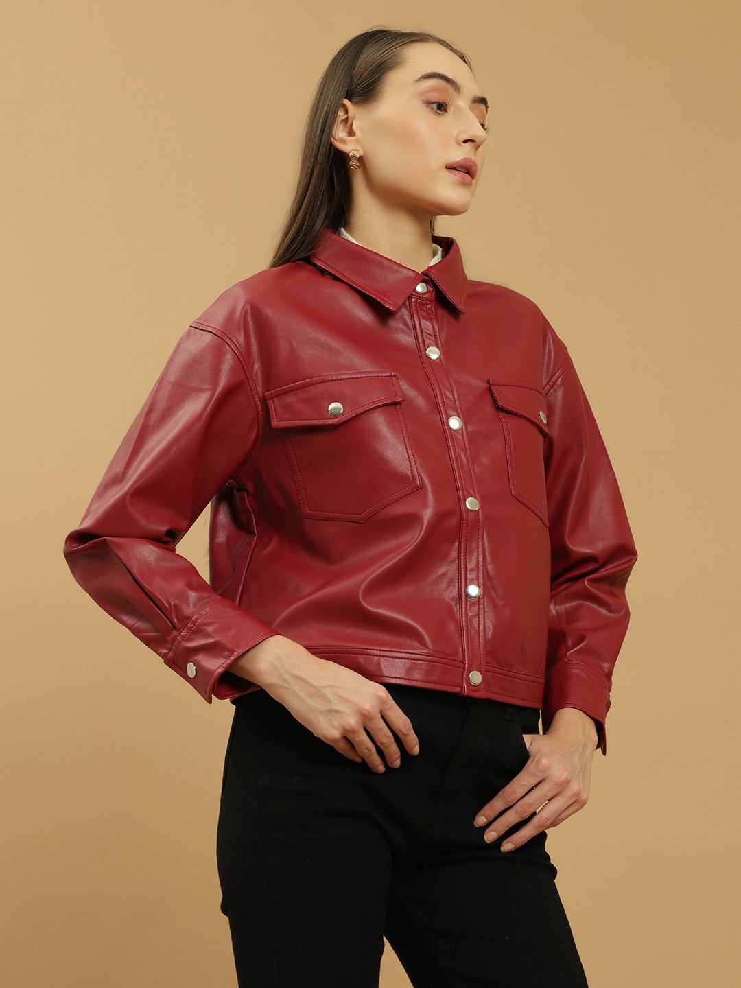 Beatnik Leather Regular Solid Womens Red Jackets