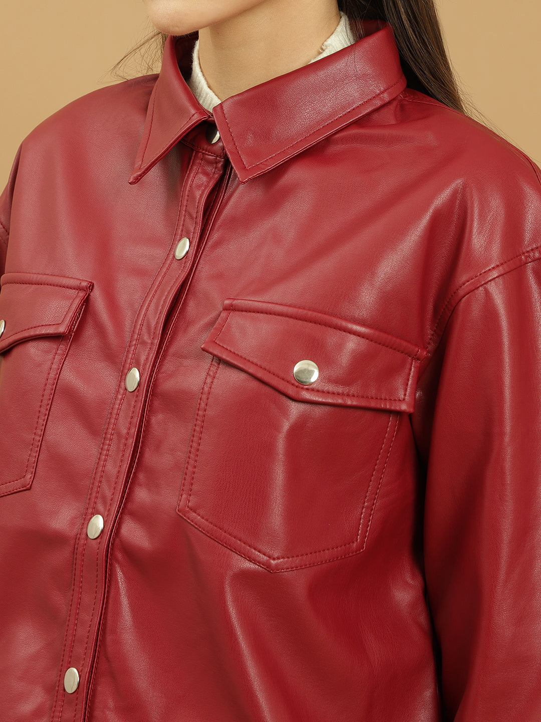 Beatnik Leather Regular Solid Womens Red Jackets