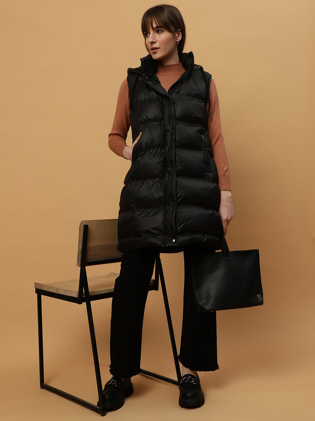 Longline Hooded Sleeveless Puffer Vest