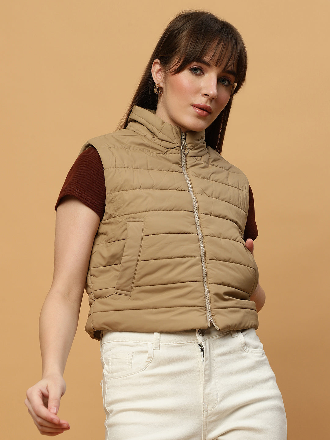 Beatnik Casual Wear Stand Collar Sleeveless Quilting Hip Length Beige Jacket