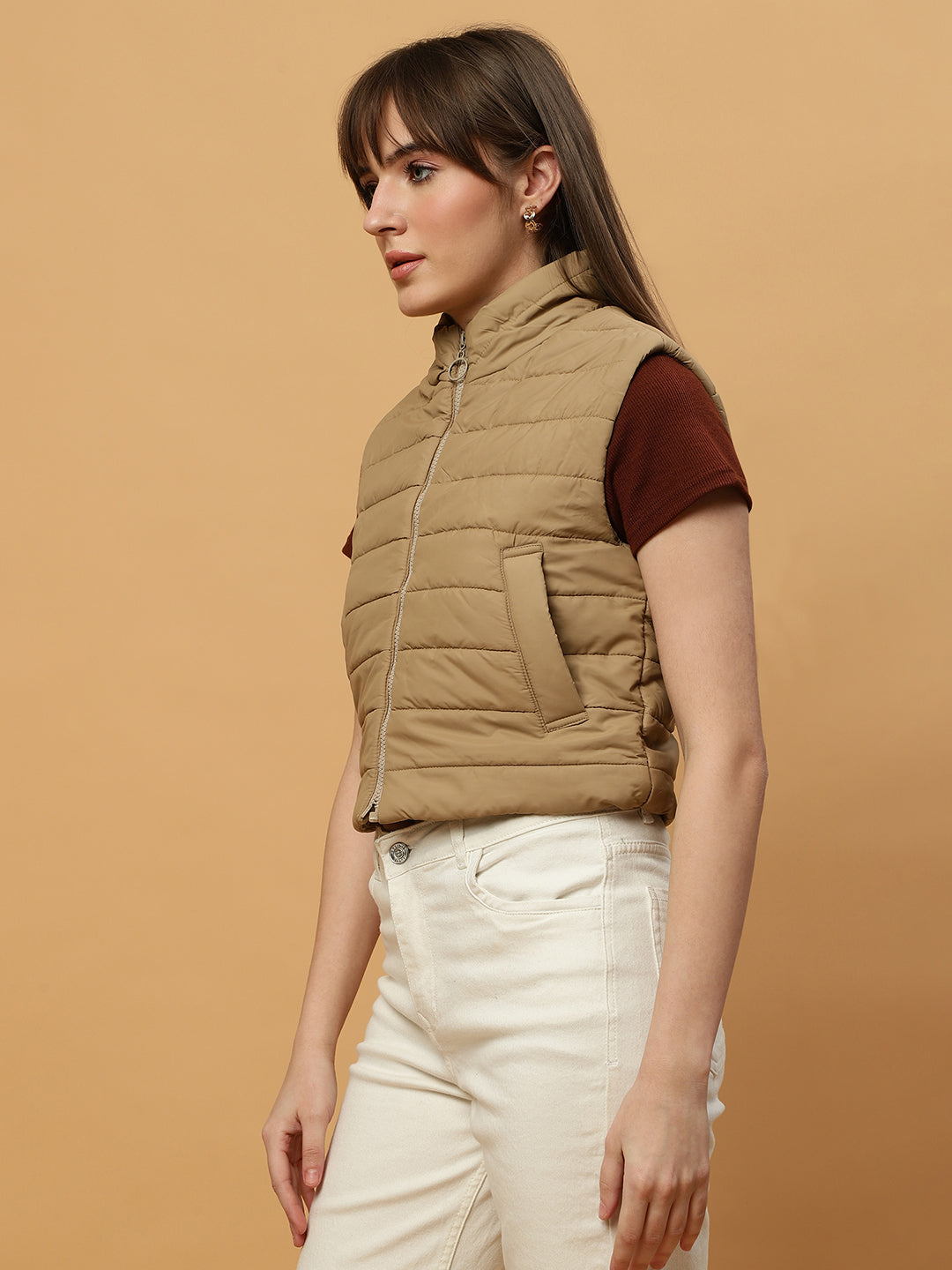 Beatnik Casual Wear Stand Collar Sleeveless Quilting Hip Length Beige Jacket