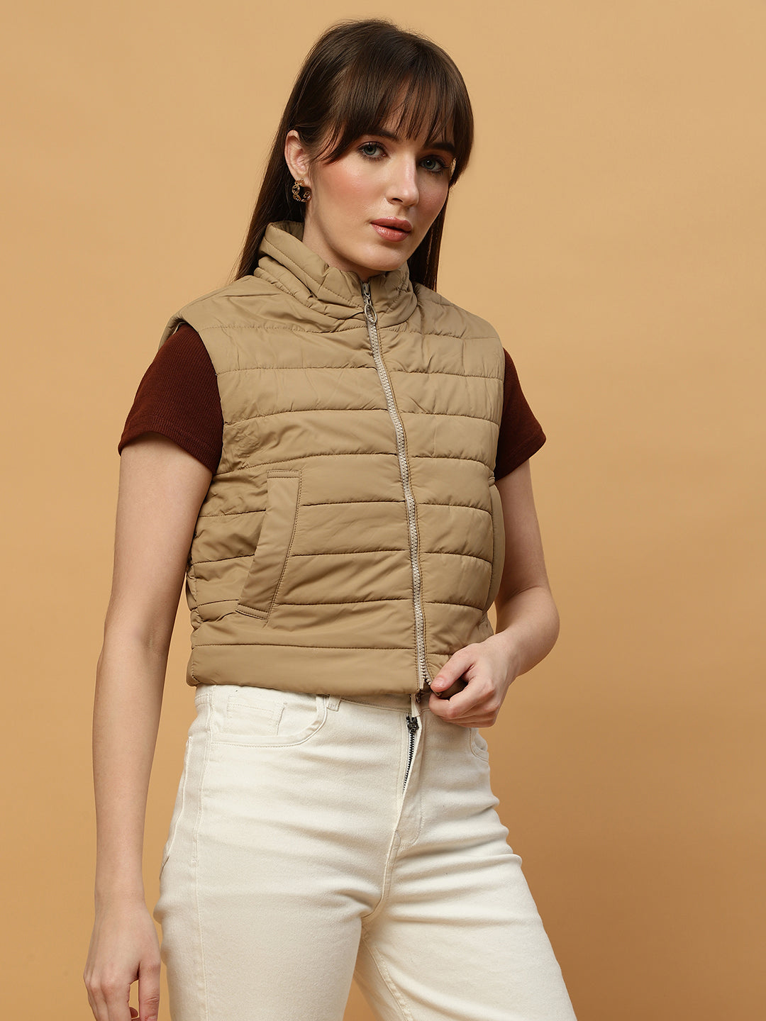 Beatnik Casual Wear Stand Collar Sleeveless Quilting Hip Length Beige Jacket