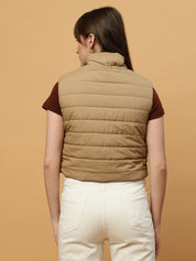 Beatnik Casual Wear Stand Collar Sleeveless Quilting Hip Length Beige Jacket