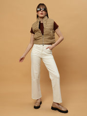 Beatnik Casual Wear Stand Collar Sleeveless Quilting Hip Length Beige Jacket