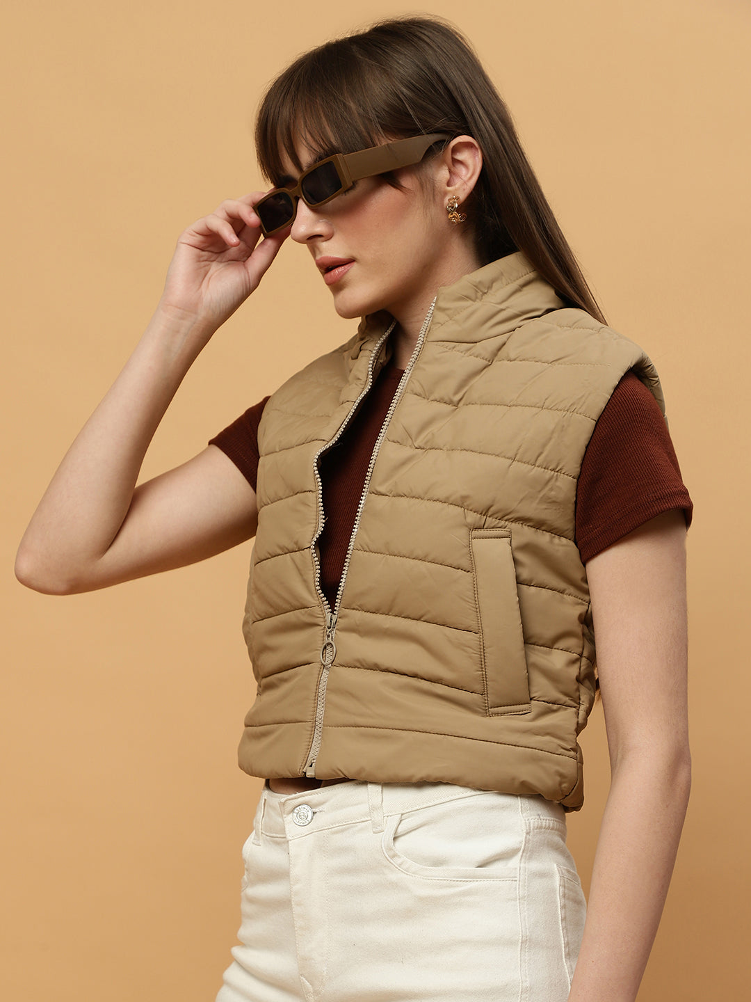 Beatnik Casual Wear Stand Collar Sleeveless Quilting Hip Length Beige Jacket