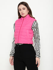 Beatnik Casual Wear Stand Collar Sleeveless Quilting Hip Length Fuchsia Jacket