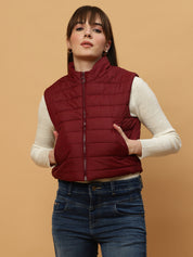 Beatnik Casual Wear Stand Collar Sleeveless Quilting Hip Length Maroon Jacket