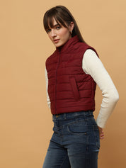 Beatnik Casual Wear Stand Collar Sleeveless Quilting Hip Length Maroon Jacket