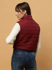 Beatnik Casual Wear Stand Collar Sleeveless Quilting Hip Length Maroon Jacket