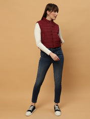 Beatnik Casual Wear Stand Collar Sleeveless Quilting Hip Length Maroon Jacket