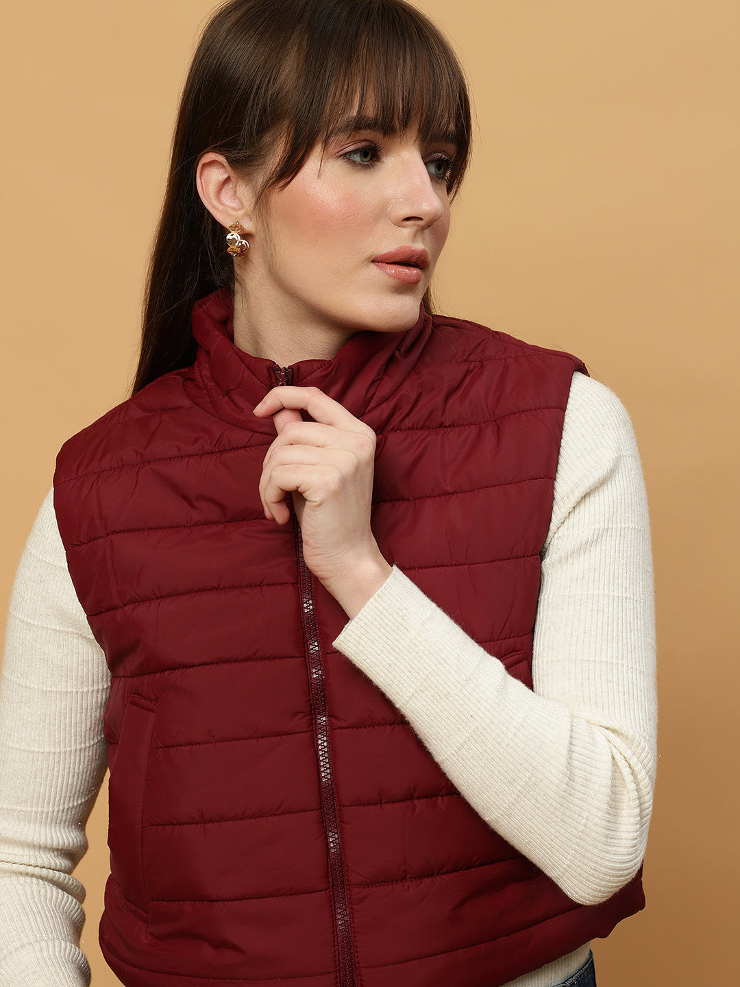 Beatnik Casual Wear Stand Collar Sleeveless Quilting Hip Length Maroon Jacket