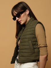 Beatnik Casual Wear Stand Collar Sleeveless Quilting Hip Length Olive Green Jacket