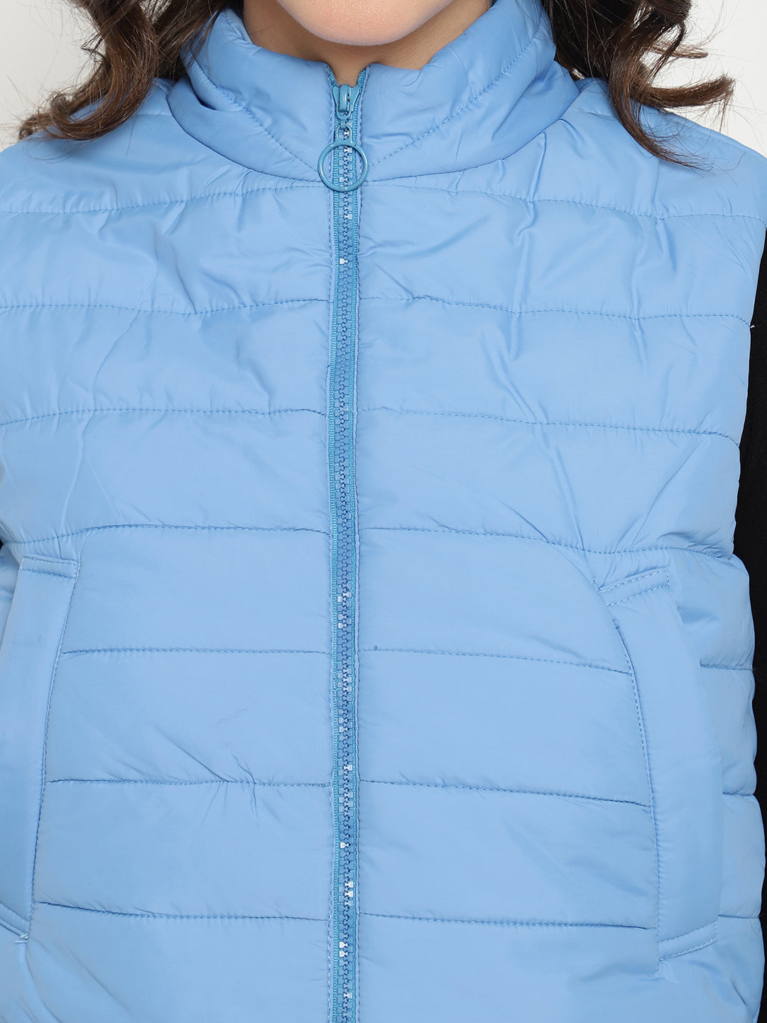 Beatnik Casual Wear Stand Collar Sleeveless Quilting Hip Length Sky Blue Jacket