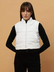 Beatnik Casual Wear Stand Collar Sleeveless Quilting Hip Length White Jacket