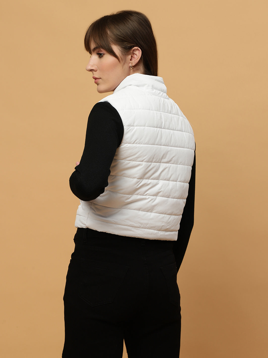 Beatnik Casual Wear Stand Collar Sleeveless Quilting Hip Length White Jacket