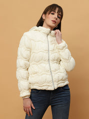 Beatnik Casual Wear Hooded Sleeve Puffer Hip Length Off White Jacket